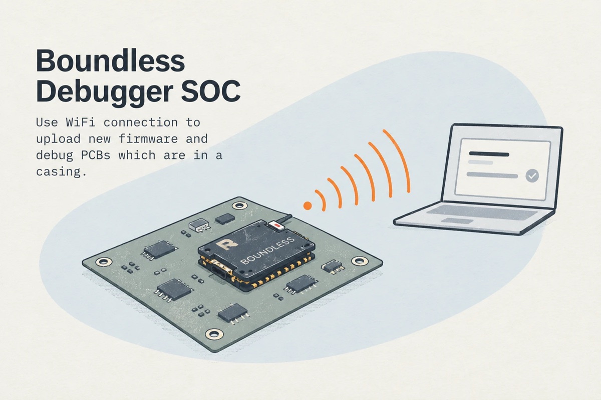 Boundless module on a PCB, connected over WiFi to a laptop for debugging and firmware updates