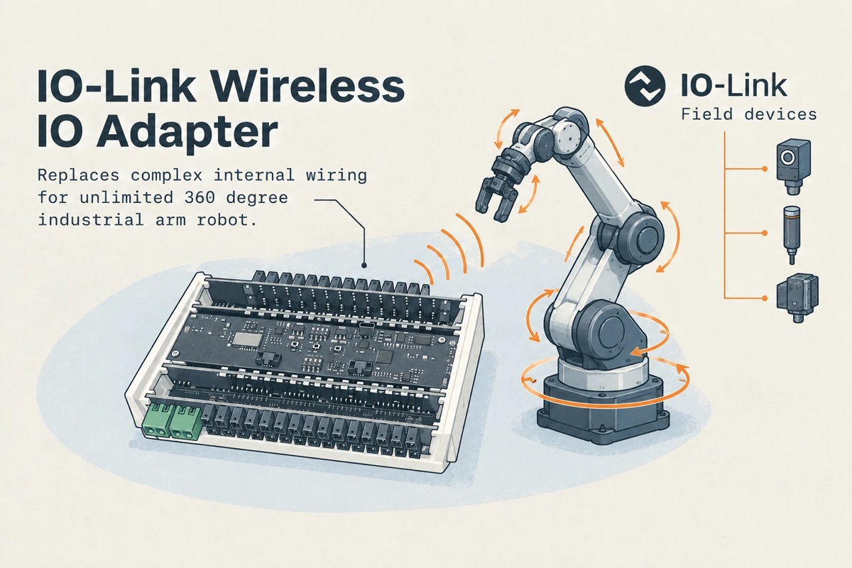 IO-Link Wireless IO adapter sending signals over radio to a rotating industrial robot arm, with IO-Link field devices such as sensors connected